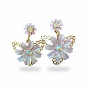 Vintage Pink Flower AB Rhinestone Gold Tone Filigree Screw Back Dangle Earrings